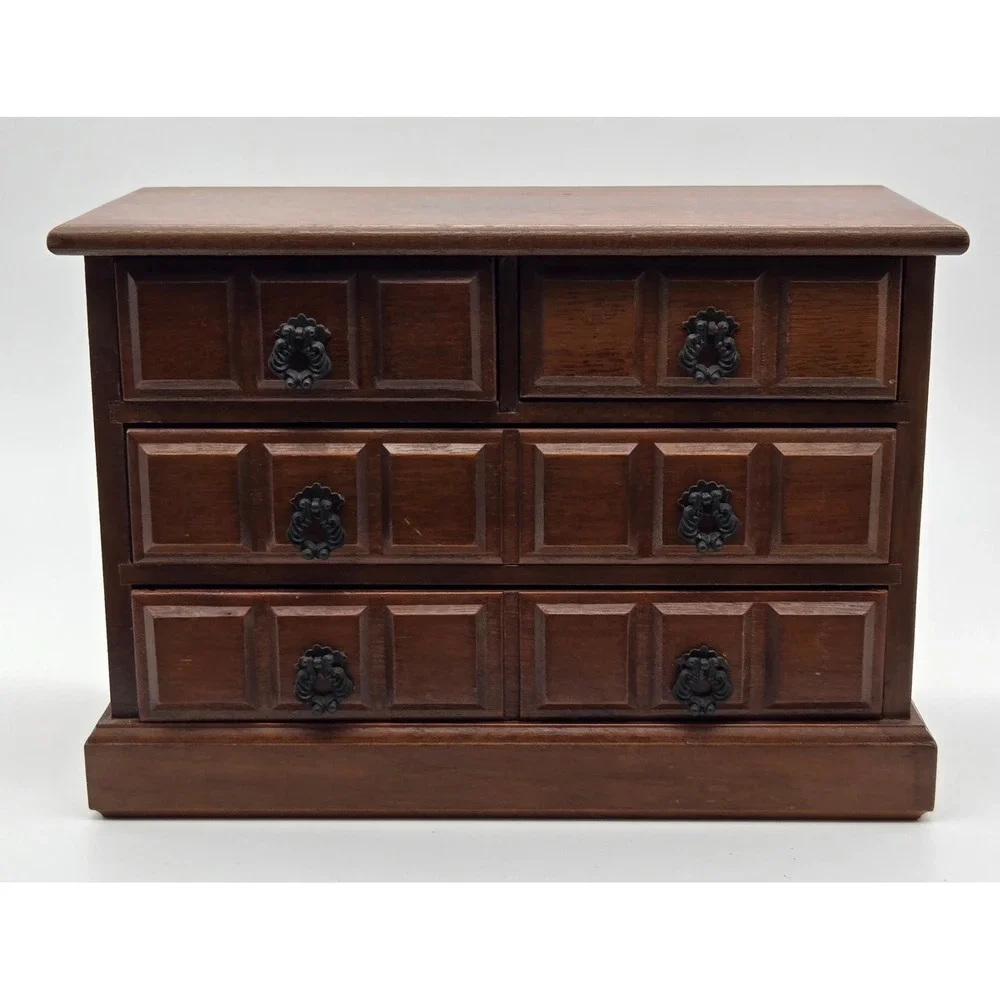 Vintage Tundra Wooden Jewelry Box Chest Brown 4-Drawer Musical Taiwan Labeled